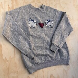 Vintage Sheep Heart Sweatshirt Womens Large Gray Fleece Embroidered Made USA 80s